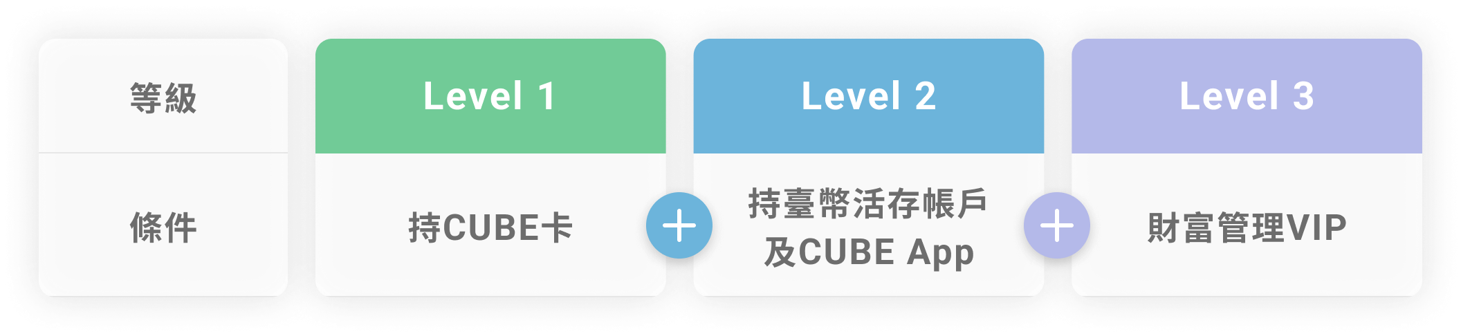 Level 1 持CUBE卡、Level 2 持臺幣活存帳戶及CUBE App、Level 3 財富管理VIP