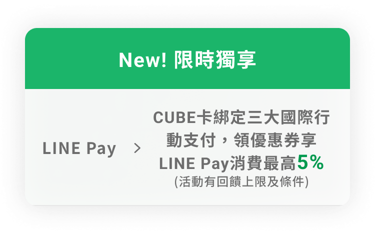 CUBE卡綁定三大國際行動支付，領優惠券享LINE Pay消費最高5% (活動有回饋上限及條件)